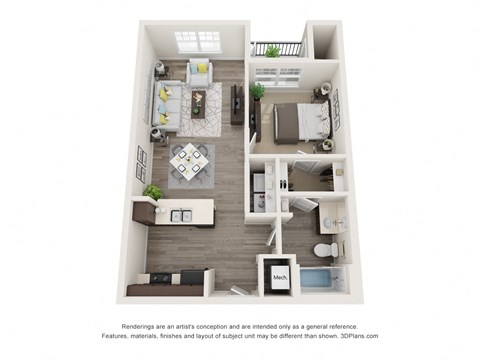 Floor plan for 1 bed, 1 bath, 651 sqft